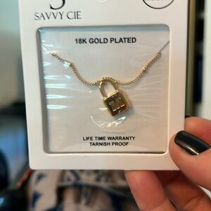 NWT Savvy Cie Gold Plated M Lock Pendant and Necklace